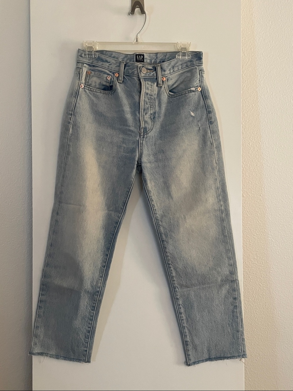 GAP Cotton Boyfriend Jeans High Rise Light Wash Straight Leg Raw Hem NWOT